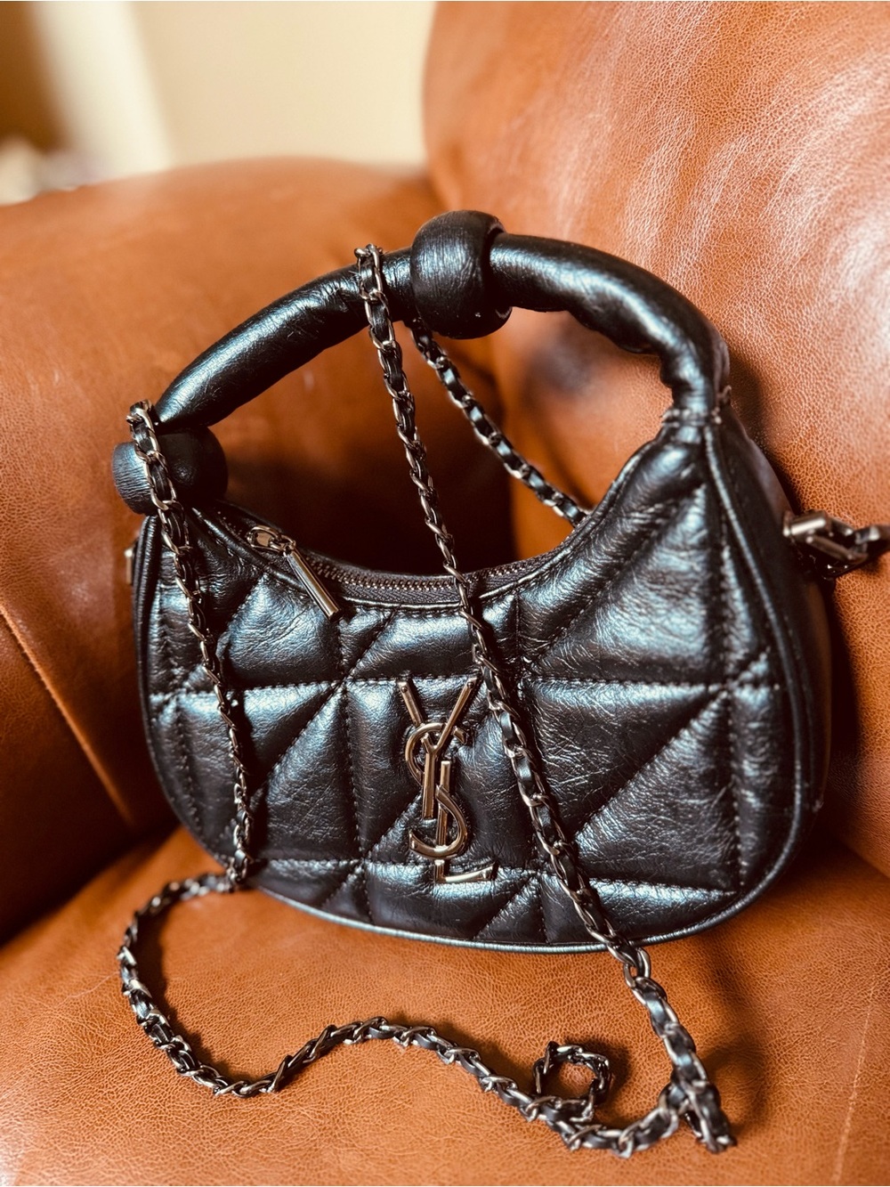Fashion Bug Black Quilted Mini Hobo with Chain and Knotted Handle